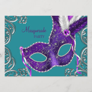 Invitation Fête masquée élégante violette et turquoise