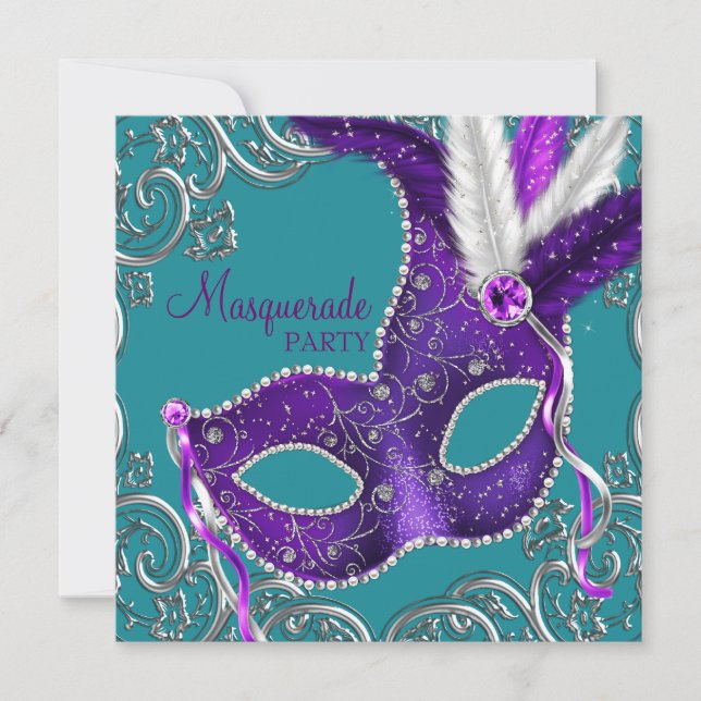 Invitation Fête masquée élégante violette et turquoise (Devant)
