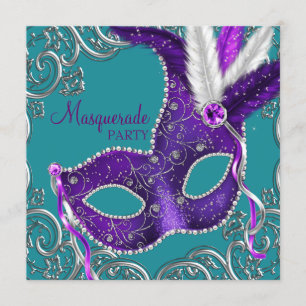Invitation Fête masquée élégante violette et turquoise