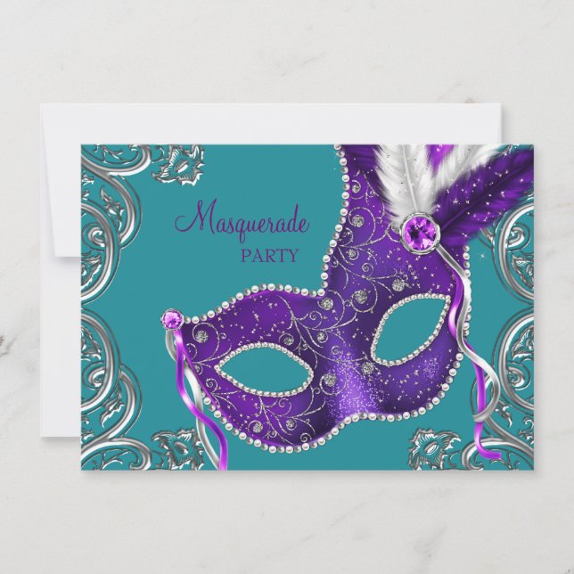 Invitation Fête masquée élégante violette et turquoise (Devant)