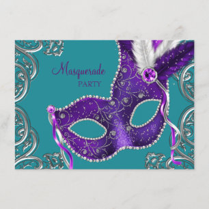 Invitation Fête masquée élégante violette et turquoise