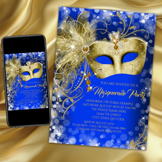 Invitation Fête masquée Fancy bleu royal et or pailleté (Blue and gold masquerade party invitation with pretty gold jewel mask on a blue and gold background.)