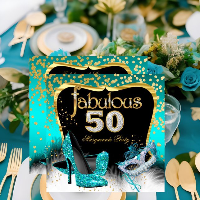 Invitation Fête Masquée Fantastique des 50 ans Sarcelle et Or (Créateur téléchargé)