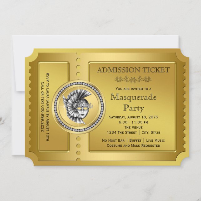 Invitation Fête Masquée Golden Ticket Gold (Devant)