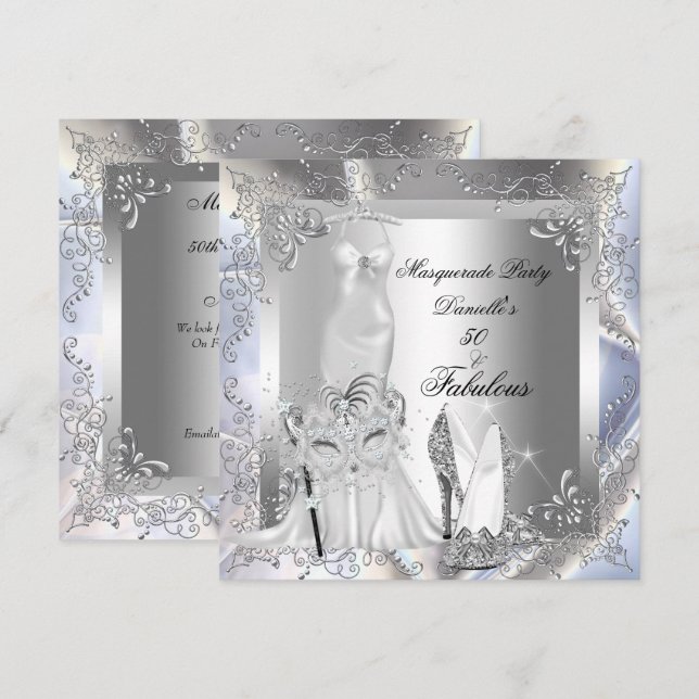 Invitation Fête Masquée Incroyable 50 Anniversaire Argent (Devant / Derrière)