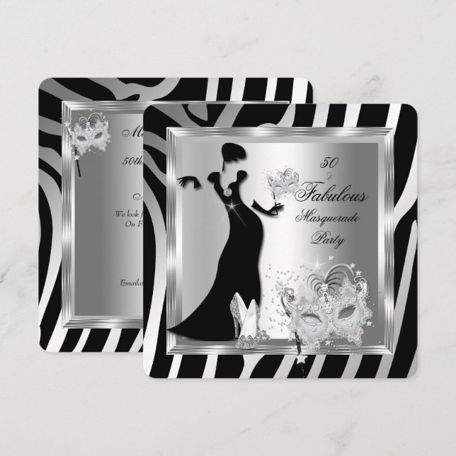 Invitation Fête Masquée Incroyable 50 Zèbre Argent Noir (Devant / Derrière)