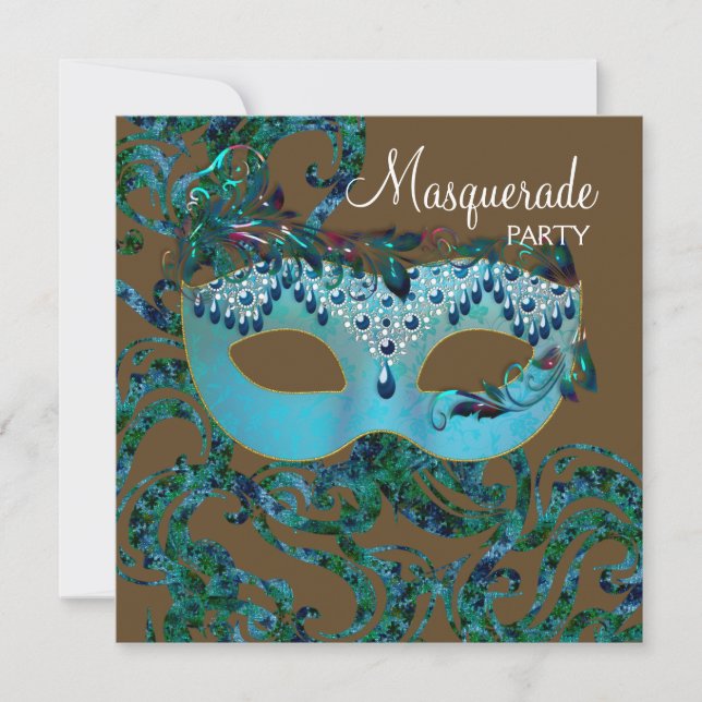 Invitation Fête masquée marron et bleu sarcelle (Devant)