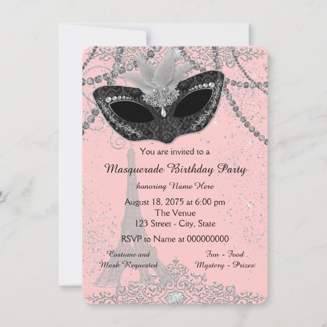 Invitation Fête masquée Parisienne rose et noire (Devant)