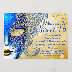 Invitation Fête masquée pour un Sweet 16 bleu royal et or