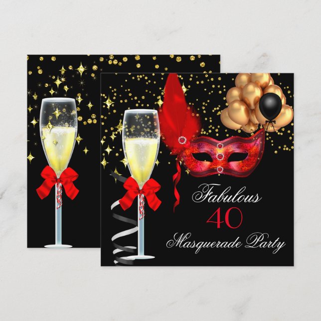 Invitation Fête Masquée Rouge Or Noir Fabuleuse (Devant / Derrière)