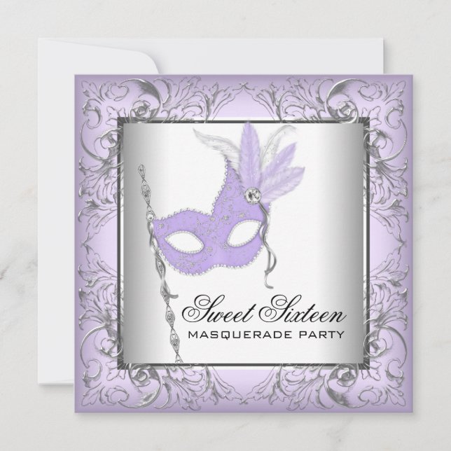 Invitation Fête Masquée Sweet 16 Argent Violet (Devant)