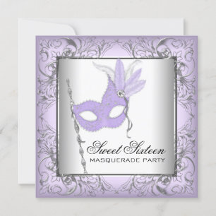 Invitation Fête Masquée Sweet 16 Argent Violet