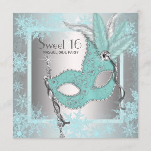 Invitation Fête Masquée Sweet 16 Flocon de Neige Bleu Turquoi