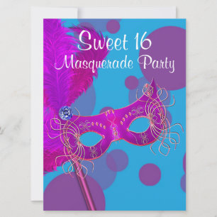 Invitation Fête Masquée Sweet 16 Rose Chaud Bleu Turquoise