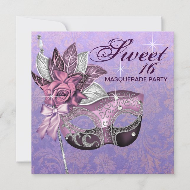 Invitation Fête masquée Sweet 16 Rose Violet (Devant)