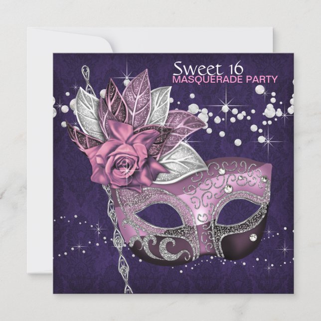 Invitation Fête masquée Sweet 16 Rose Violet (Devant)