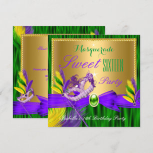 Invitation Fête Masquée Sweet 16 Violet Vert Or