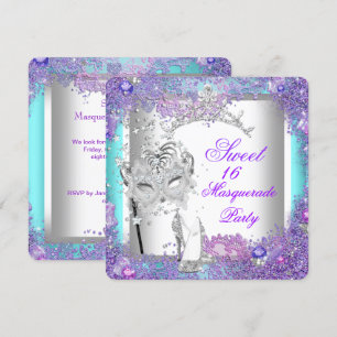 Invitation Fête Masquée Sweet Sixteen 16 ans Turquoise Violet