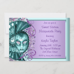 Invitation Fête Masquée Sweet Sixteen Bleu Turquoise Violet
