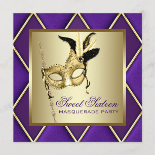 Invitation Fête Masquée Sweet Sixteen Or Violet