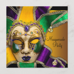 Invitation Fête masquée verte, violette et dorée