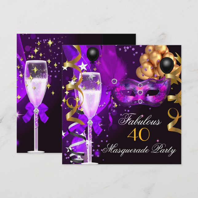 Invitation Fête Masquée Violette Dorée et Noire Fabuleuse (Devant / Derrière)