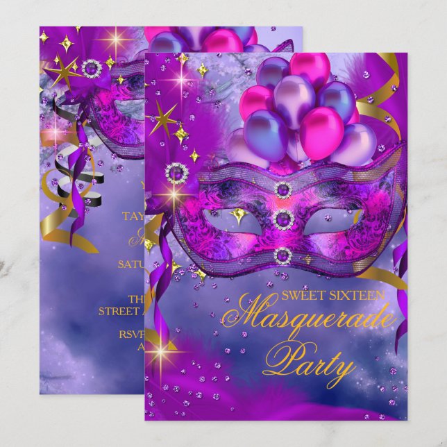Invitation Fête Masquée Violette Or Bleue pour les Douze Ans  (Devant / Derrière)