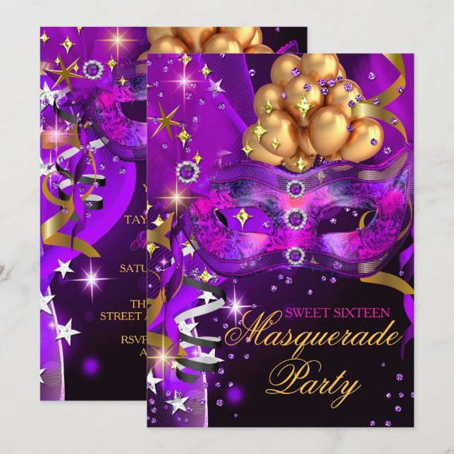 Invitation Fête Masquée Violette Or Noir pour les Douze Ans R (Devant / Derrière)