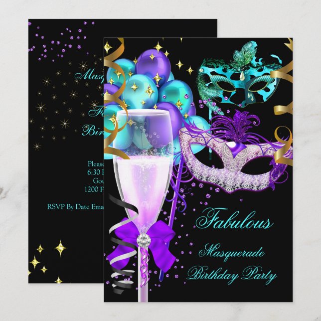 Invitation Fête Masquée Violette Turquoise et Noire Fabuleuse (Devant / Derrière)