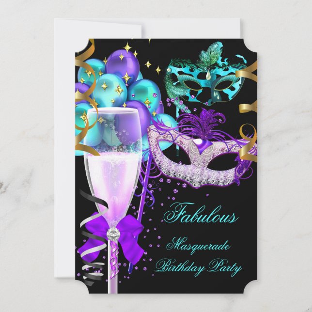 Invitation Fête Masquée Violette Turquoise et Noire Fabuleuse (Devant)