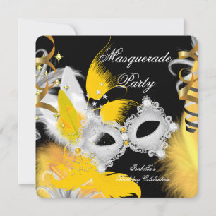 Invitation Fête Masquerade Anniversaire Masque Jaune Blanc No