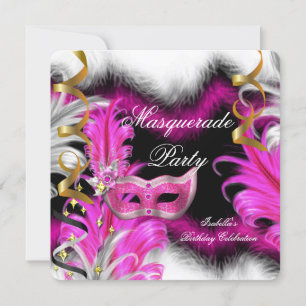 Invitation Fête Masquerade Anniversaire Rose Noir Blanc