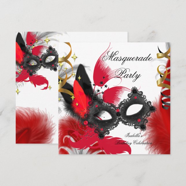 Invitation Fête Masquerade Anniversaire Rouge Masque Noir Bla (Devant / Derrière)