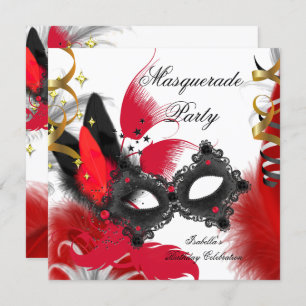 Invitation Fête Masquerade Anniversaire Rouge Masque Noir Bla