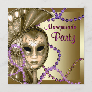 Invitation Fête Masquerade des perles de Mardi Gras Purple Or