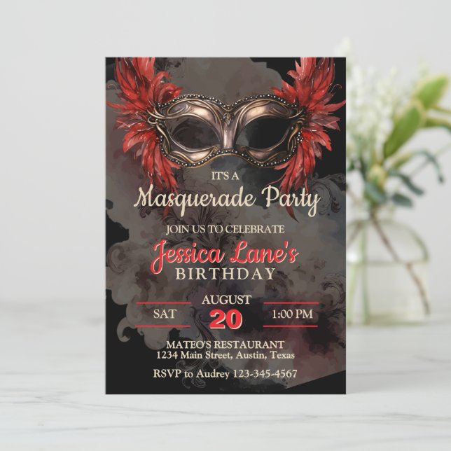 Invitation Fête Masquerade Masque Rouge Anniversaire (Debout devant)