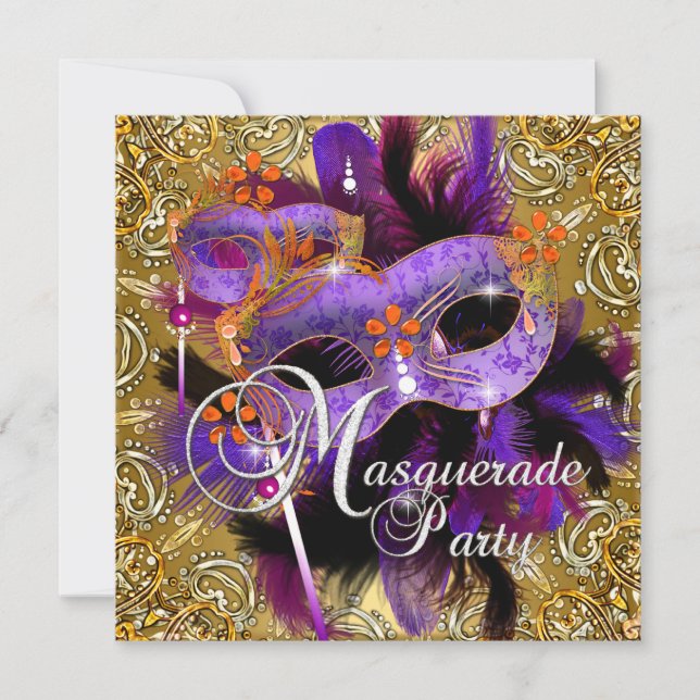 Invitation Fête Masquerade Violet Orange Or Argent (Devant)