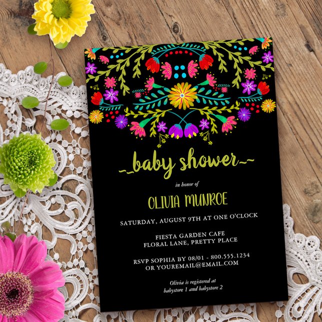 Invitation Fête mexicaine Baby shower floral noir coloré (Baby Shower invitation from my Mexican Fiesta Floral collection
)