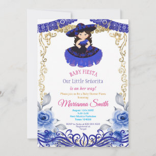 Invitation Fête Mexicaine Bébé Roses Bleu Royal Shower 