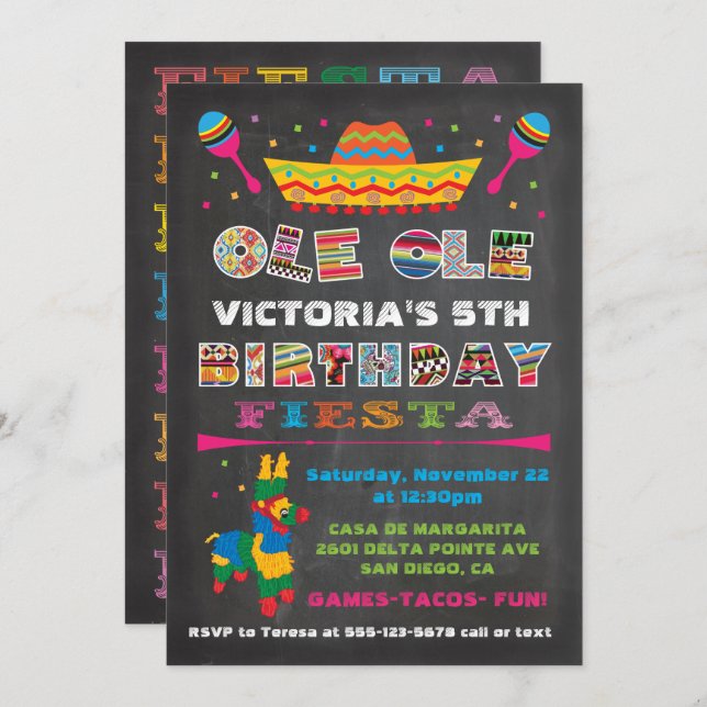Invitation Fête mexicaine Chalkboard Anniversaire (Devant / Derrière)