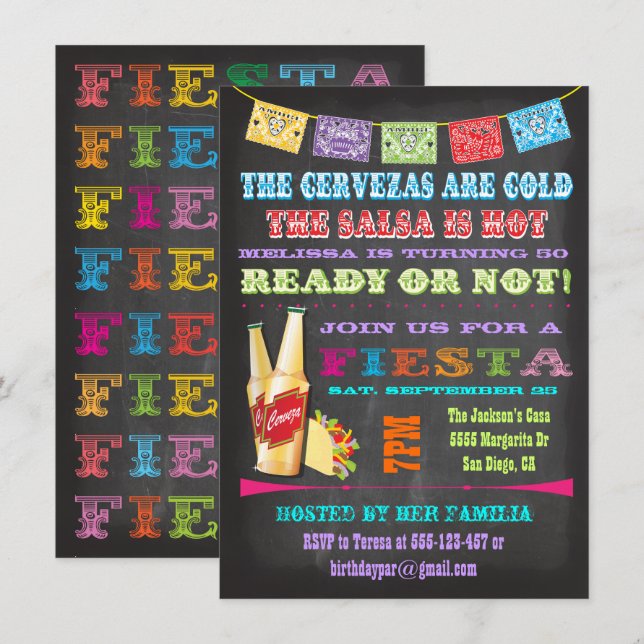 Invitation Fête mexicaine Chalkboard Anniversaire (Devant / Derrière)