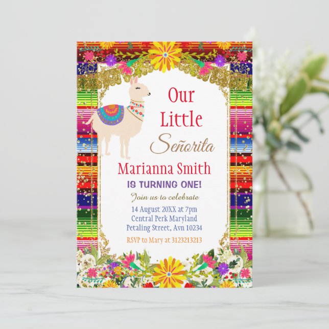 Invitation Fête mexicaine couleur or Llama Anniversaire (Debout devant)