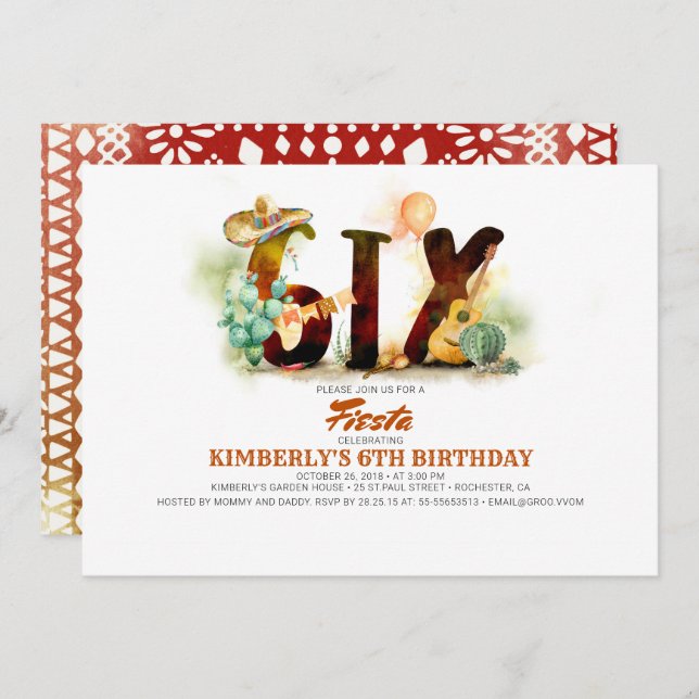 Invitation fête mexicaine du 6ème anniversaire (Devant / Derrière)