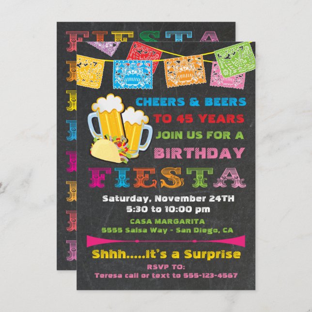 Invitation Fête mexicaine, fête d'anniversaire (Devant / Derrière)