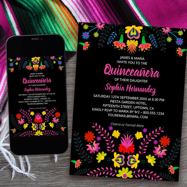 Invitation Fête mexicaine Fête folklorique Fleurs d'art Quinc (Quinceanera Invitation from my Mexican Fiesta Party collection
available printed or download)