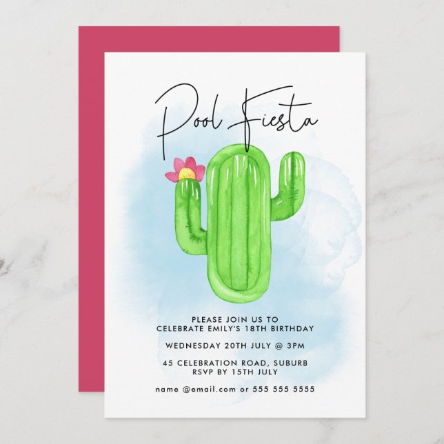 Invitation Fête mexicaine Fiesta Cactus Pool Party N'importe  (Devant / Derrière)