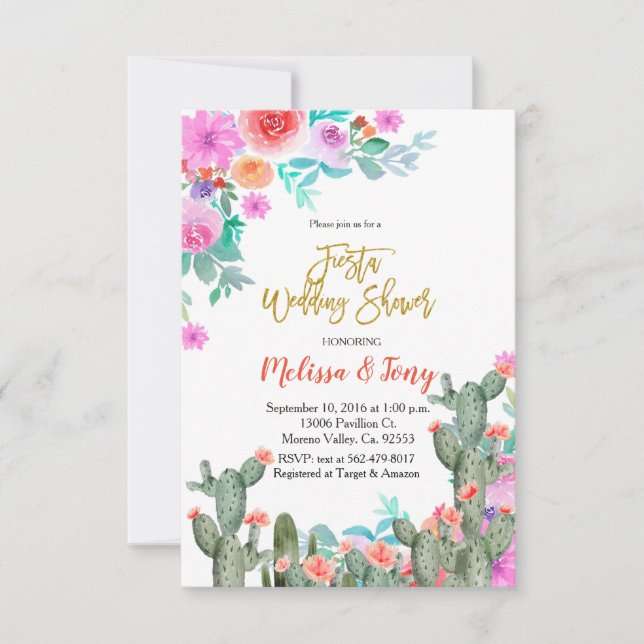Invitation Fête mexicaine florale Mariage Baby shower Cactus (Devant)