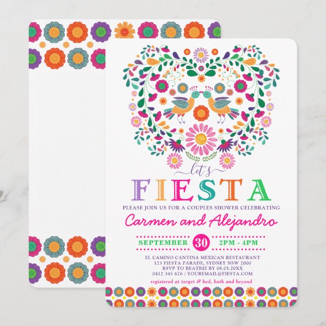 Invitation Fête Mexicaine Florale Mixte pour la Future Mariée (Devant / Derrière)