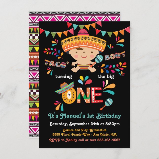 Invitation Fête mexicaine Taco à un 1er anniversaire (Devant / Derrière)