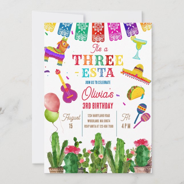 Invitation Fête mexicaine Trois Esta 3ème Fille fête d'annive (Devant)